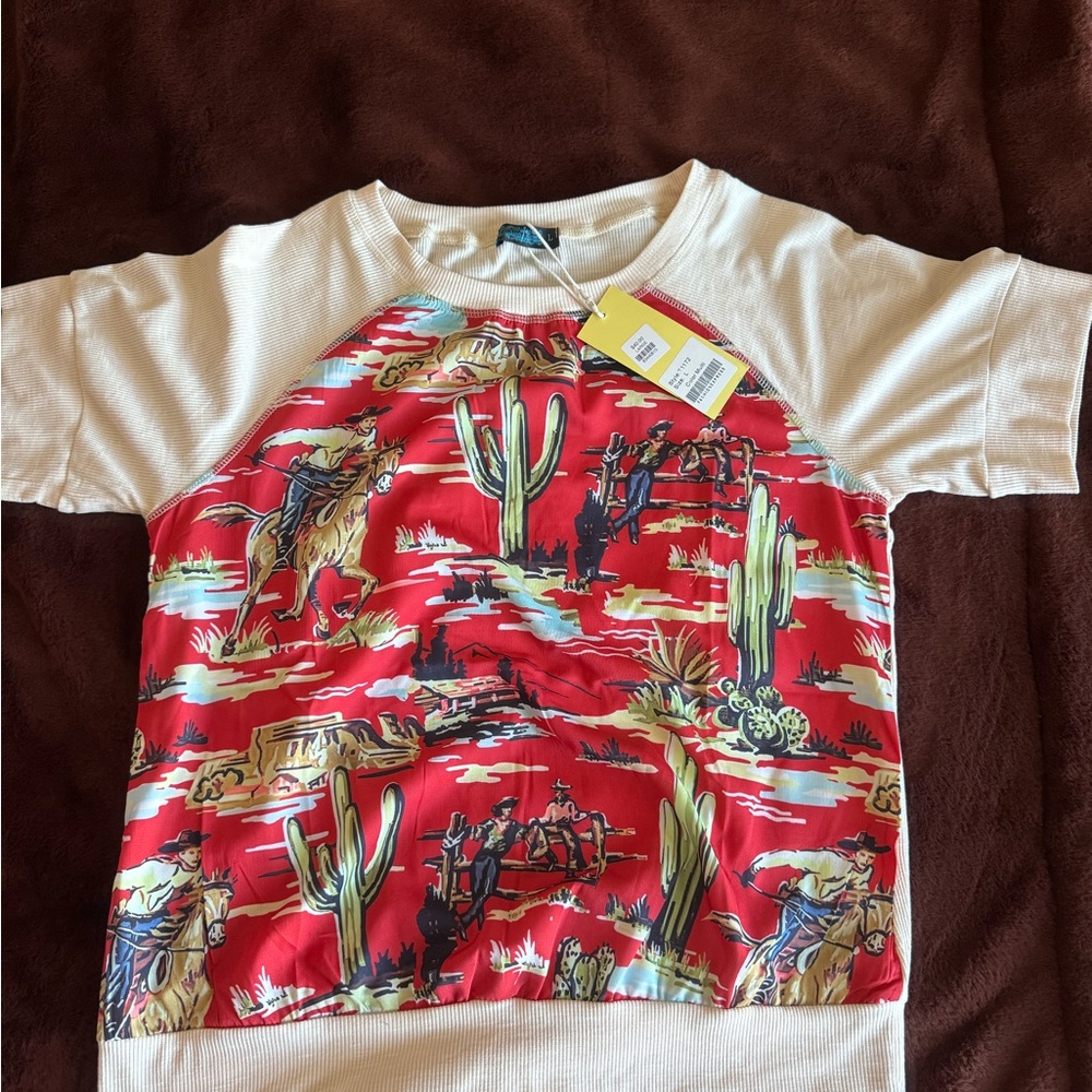 Womens Western Cowboy Print Shirt - Red and Cream